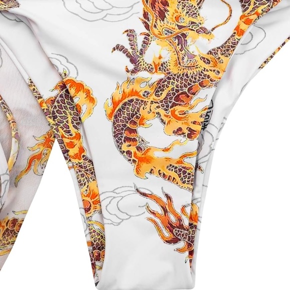 3 Piece Tie-Up Halter Triangle Bikini Set with Skirt Dragon Design in White - Picture 2 of 8